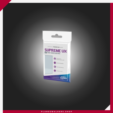 Las Ultimate Guard Supreme UX 3rd Skin Sleeves son fundas exteriores premium para cartas de tamaño estándar con protección de triple capa. Ofrecen máxima resistencia, alta transparencia y están diseñadas para cartas con doble funda Ultimate Guard.