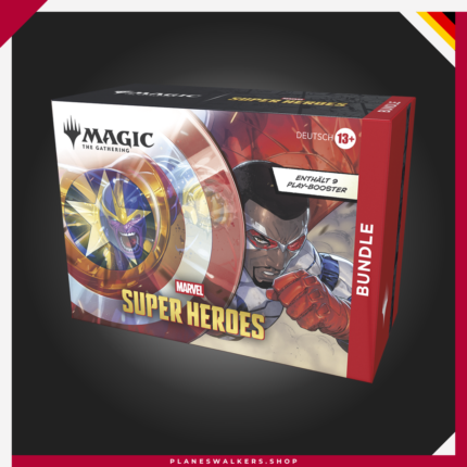 Consigue el Bundle MTG Marvel Super Heroes con sobres de juego, tierras exclusivas, carta promocional foil, contador Spindown y accesorios oficiales. Ideal para jugadores y coleccionistas de Magic: The Gathering.