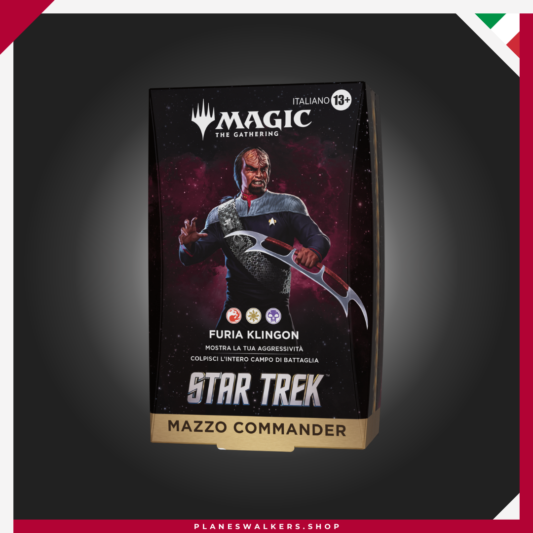 Mazos de Commander de Magic: The Gathering X Star Trek - Klingon Fury El Mazo Commander MTG Star Trek – Furia Klingon te permite liderar a los guerreros klingon junto a Worf y desatar ataques devastadores contra tus rivales. Incluye un mazo listo para jugar de 100 cartas, 33 cartas nuevas para Magic y todos los accesorios necesarios para comenzar tus partidas de Commander.