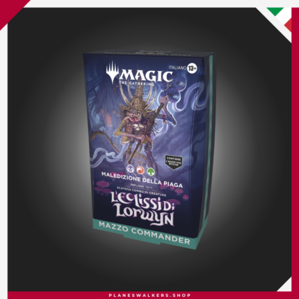 El Commander Deck Magic: The Gathering | Lorwyn Eclipsado - Maldición de Plaga (Blight Curse) es un mazo Commander listo para jugar de 100 cartas centrado en la mecánica de contadores -1/-1 y el poder de Shadowmoor. Incluye comandantes foil, fichas de doble cara y todo lo necesario para empezar tus partidas de Commander.