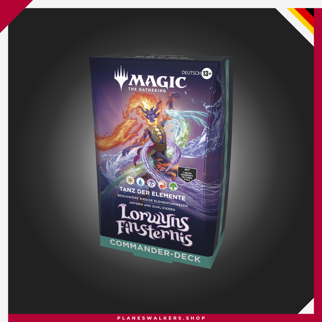 Magic: The Gathering | Commander Deck Lorwyn Eclipsado - Danza de los Elementos (Dance of the Elements) El Commander Deck Magic: The Gathering | Lorwyn Eclipsado - Danza de los Elementos (Dance of the Elements) es un mazo Commander de 100 cartas listo para jugar basado en la fuerza de los Elementales, los efectos de entrar al campo de batalla y la mecánica de Evocar. Incluye comandantes foil, fichas de doble cara y todo lo necesario para tus partidas multijugador.