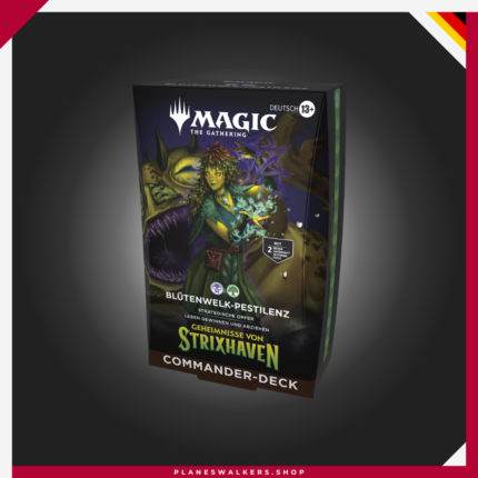 El Commander Deck Magic: The Gathering Secretos de Strixhaven Witherbloom Pestilence incluye un mazo Commander MTG de 100 cartas listo para jugar, con estrategia negro-verde basada en sacrificios, criaturas Pest y ventaja de vida. Ideal para jugadores y coleccionistas de Magic.