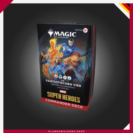 Compra el Mazo de Commander MTG Marvel Super Heroes – Los Cuatro Fantásticos. Un mazo de 100 cartas listo para jugar con cartas exclusivas, héroes legendarios y todo lo necesario para tus partidas de Commander.