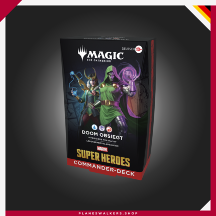Compra el Mazo de Commander MTG Marvel Super Heroes – Doom Prevails. Un mazo de 100 cartas listo para jugar con el poder del Doctor Doom, cartas exclusivas y estrategias únicas para Commander.