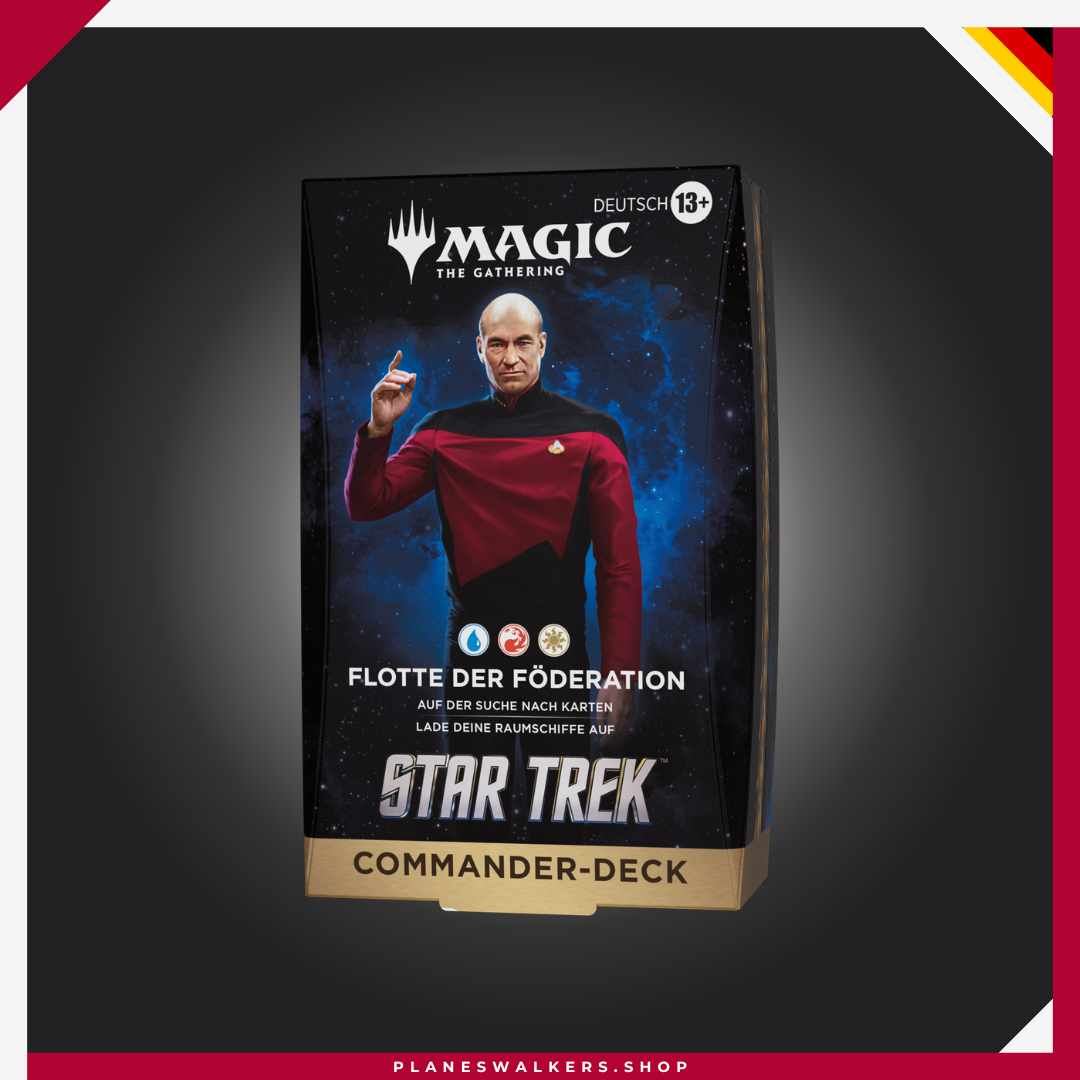 Mazos de Commander de Magic: The Gathering X Star Trek - Federation Fleet Hazte con el Mazo Commander MTG Star Trek – Flota de la Federación y lidera a Jean-Luc Picard en épicas batallas multijugador. Incluye un mazo listo para jugar de 100 cartas, 33 cartas nuevas para Magic y todo lo necesario para disfrutar del formato Commander desde el primer momento.