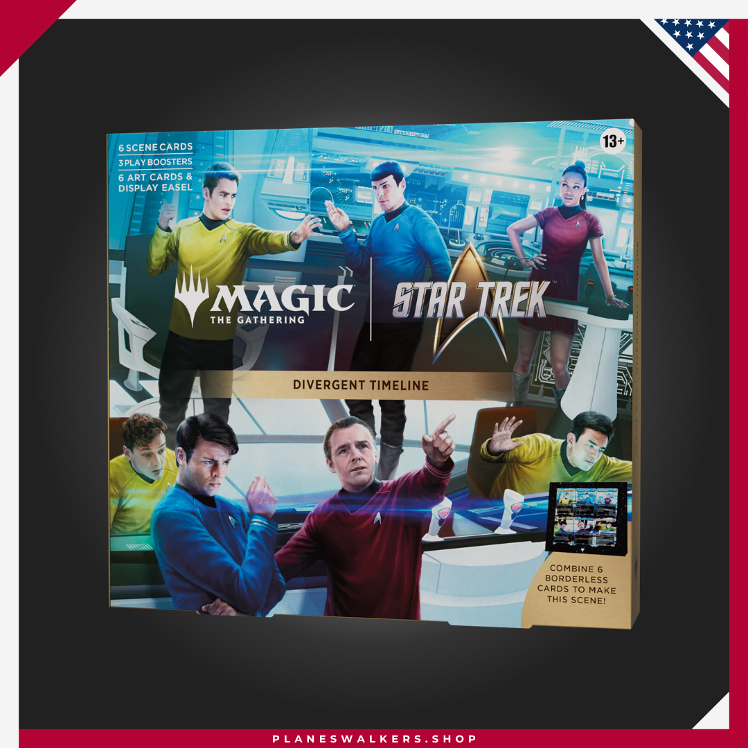 67 Caja de Escena MTG - Star Trek™ Divergent Timeline | Magic: The Gathering incluye seis cartas de escena sin borde, cartas foil con ilustraciones, tres sobres de juego y caballete para recrear un momento legendario de Star Trek™.