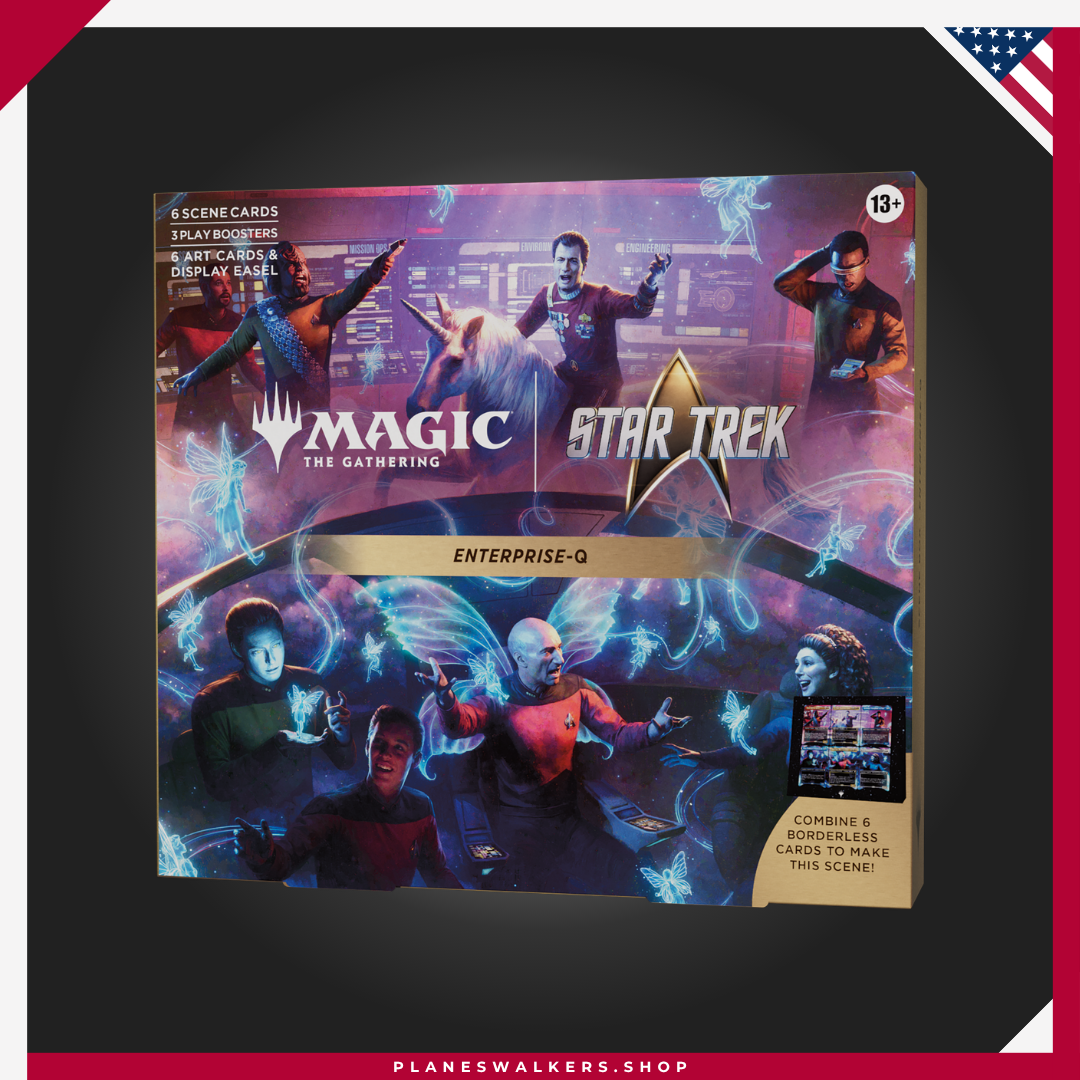 70 Caja de Escena MTG - Star Trek™ Enterprise-Q | Magic: The Gathering incluye cartas de escena sin borde, cartas foil con ilustraciones, sobres de juego y caballete para recrear momentos icónicos de Star Trek™ en tu colección.