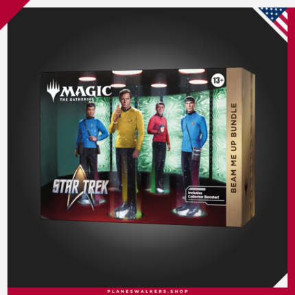 Bundle Beam Me Up MTG - Star Trek™ | Magic: The Gathering incluye sobres de juego, sobre de coleccionista, tierras con arte completo, cartas exclusivas de naves y accesorios especiales para los fans de Star Trek™ y Magic.