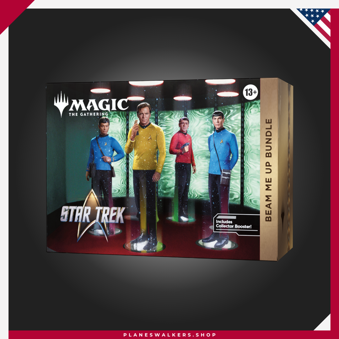 91 Bundle Beam Me Up MTG - Star Trek™ | Magic: The Gathering incluye sobres de juego, sobre de coleccionista, tierras con arte completo, cartas exclusivas de naves y accesorios especiales para los fans de Star Trek™ y Magic.