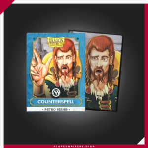 Las Dragon Shield Retro Series - Counterspell - Brushed Art Sleeves 100 incluyen 100 fundas premium con ilustración oficial de Counterspell y acabado cepillado exclusivo. Ofrecen excelente barajado, alta opacidad y máxima protección para cartas de Magic: The Gathering, Pokémon, Lorcana y otros TCG.