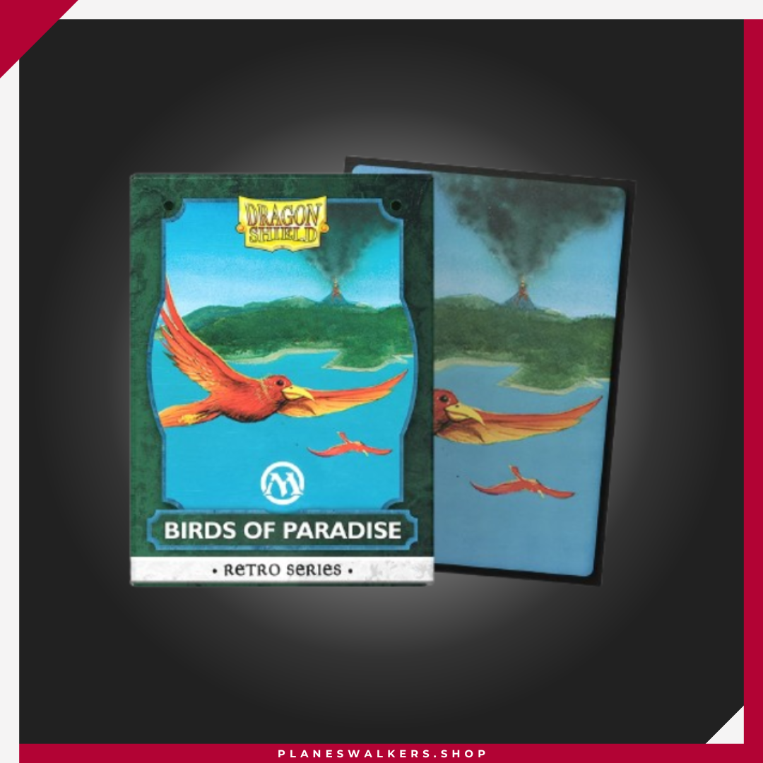 Dragon Shield Retro Series - Birds of Paradise - Brushed Art Sleeves 100 | Fundas Premium MTG Las Dragon Shield Retro Series - Birds of Paradise - Brushed Art Sleeves 100 incluyen 100 fundas premium con ilustración oficial de Birds of Paradise y acabado cepillado exclusivo. Ofrecen excelente barajado, alta opacidad y máxima protección para cartas de Magic: The Gathering, Pokémon, Lorcana y otros TCG.