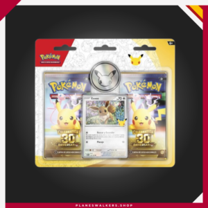 Celebra los 30 años de Pokémon con este blíster de JCC Pokémon Celebración 30.º Aniversario en español. Incluye 2 sobres de mejora, una carta holográfica de Eevee y una moneda. Un producto ideal para ampliar tu colección y disfrutar de esta edición conmemorativa.