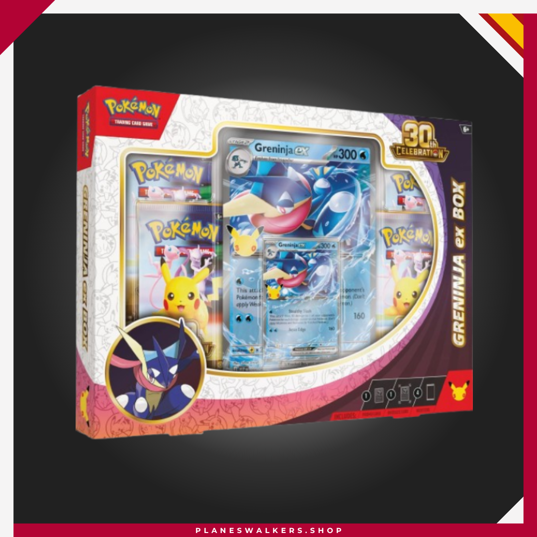 Pokémon TCG Celebración 30.º Aniversario - Greninja ex Special Box (Español) Celebra los 30 años de Pokémon con la Greninja ex Special Box de Celebración 30.º Aniversario en español. Incluye 4 sobres de mejora, una carta holográfica de promoción de Greninja ex y una espectacular carta de gran tamaño, ideal para jugadores y coleccionistas.