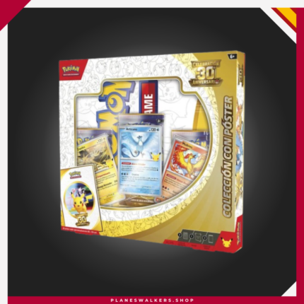Celebra los 30 años de Pokémon con la Colección con Póster de Celebración 30.º Aniversario. Incluye 3 sobres de mejora, las cartas holográficas de promoción de Articuno, Zapdos y Moltres y un espectacular póster a doble cara con más de 160 cartas.
